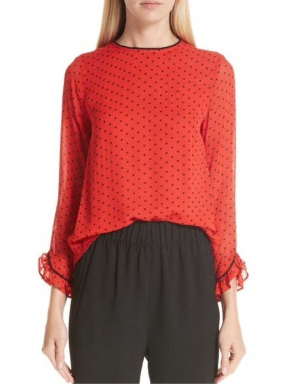 Ganni Mullin Georgette Blouse Red and Black Polkadot Size 40 Size 8 or 10 Ruffle